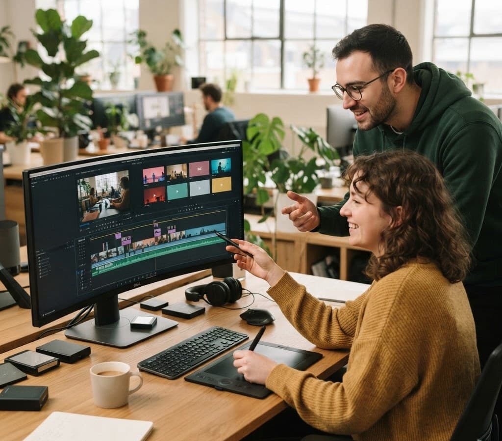 A video creative editing on a timeline while a colleague reviews the cut