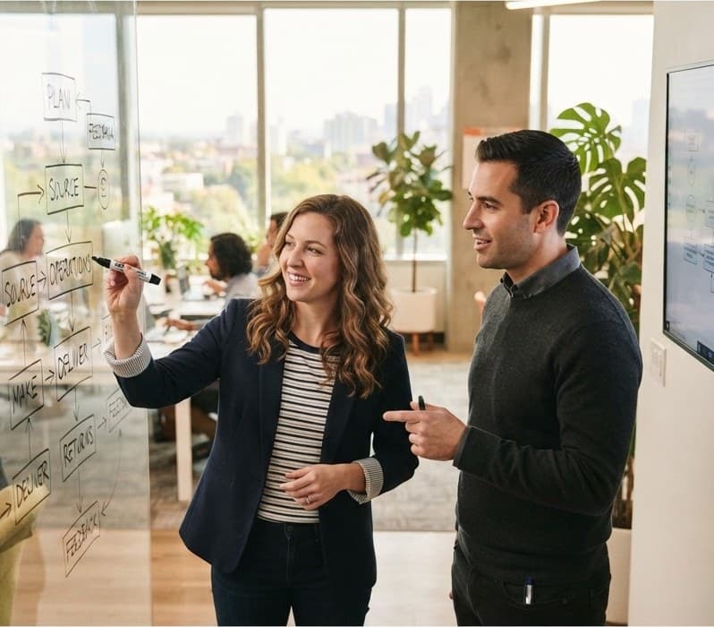 Two colleagues mapping a business workflow on a glass whiteboard and a process flowchart
