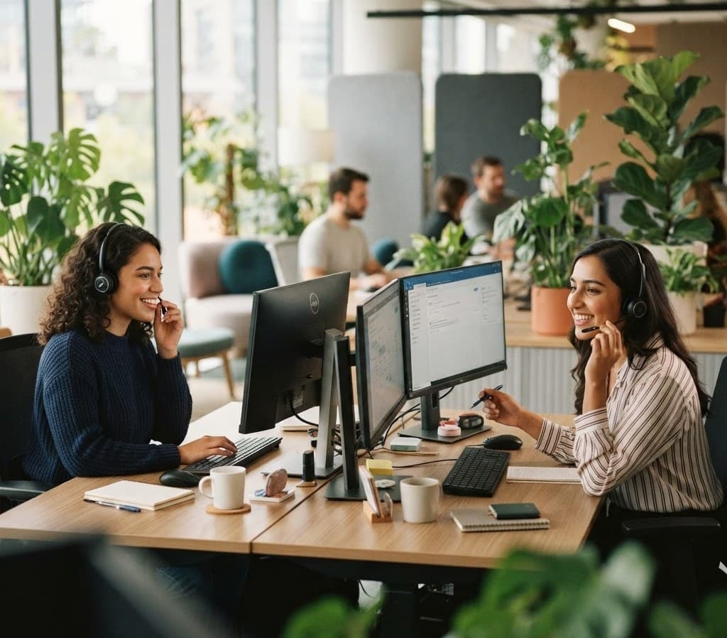 Two support agents wearing headsets taking customer calls in a bright office