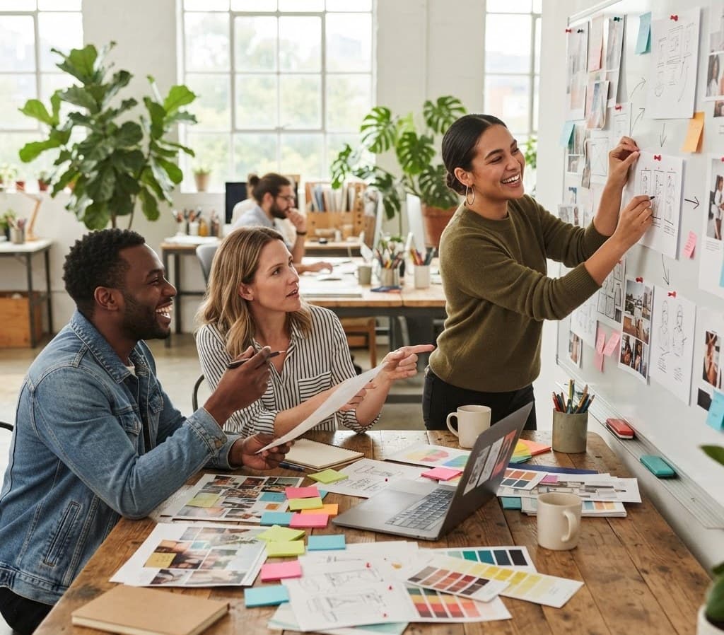 A creative team brainstorming a campaign idea around mood boards and sticky notes