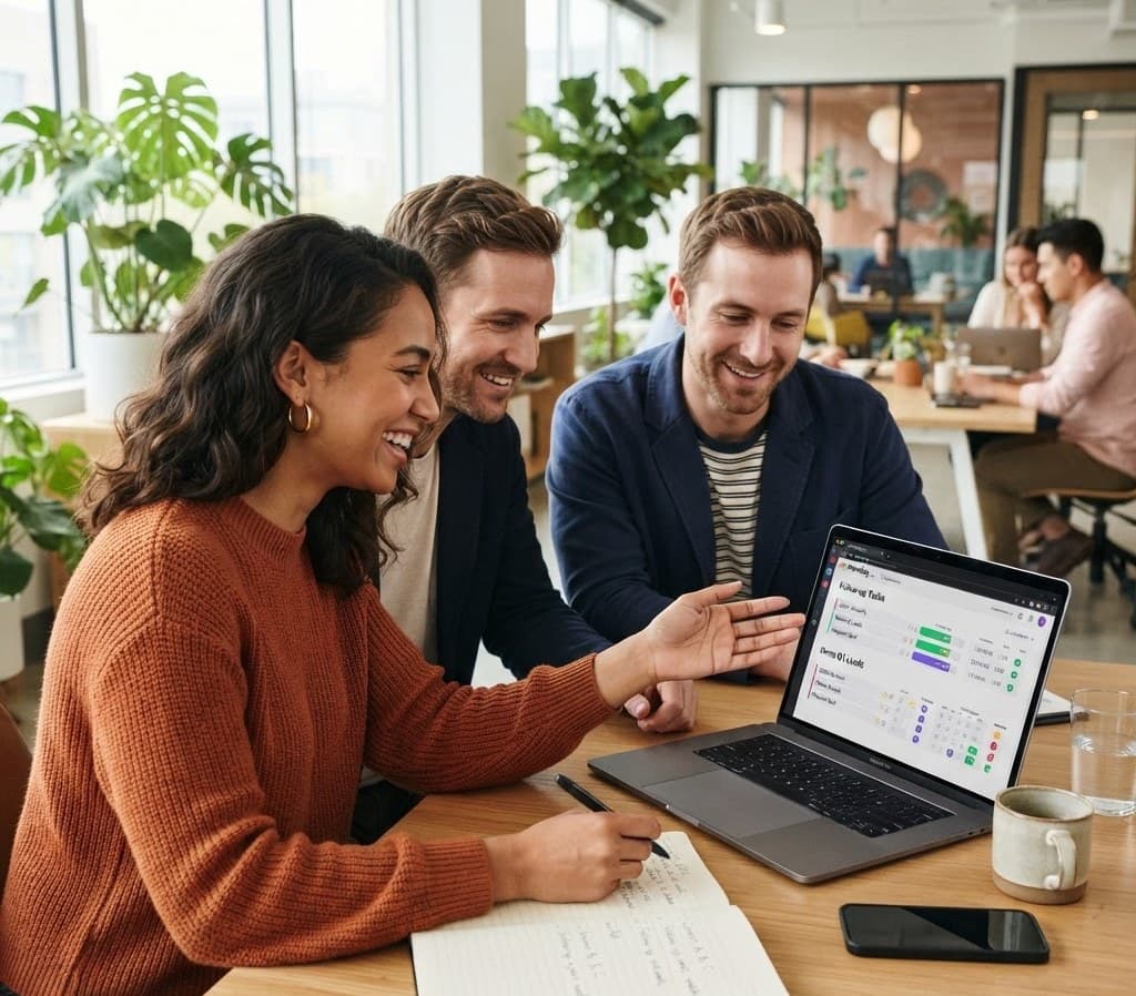 Colleagues reviewing a follow-up task list and calendar on a laptop