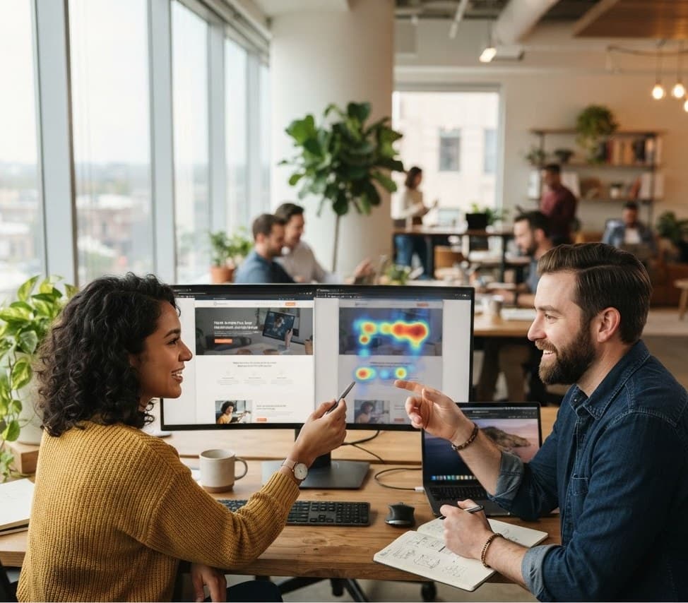 An analyst and a designer comparing website layouts and heatmaps on a monitor