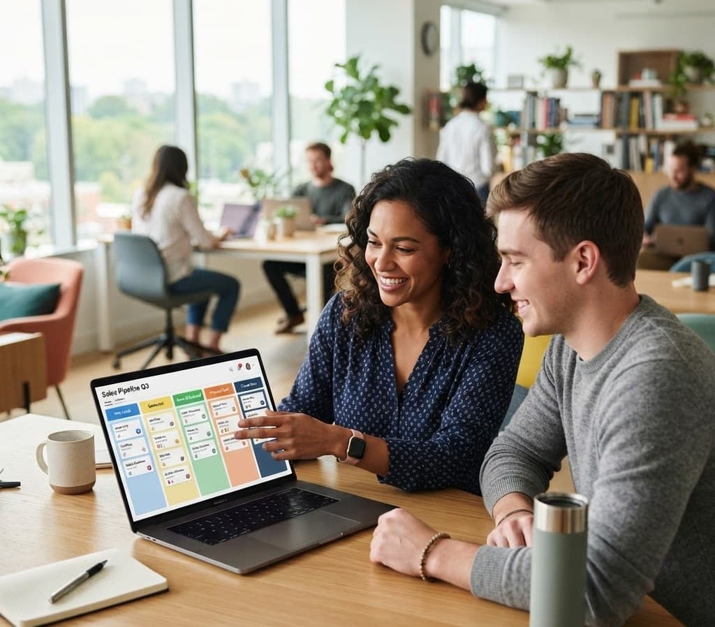 A sales team member showing a colleague a customer pipeline board on a laptop