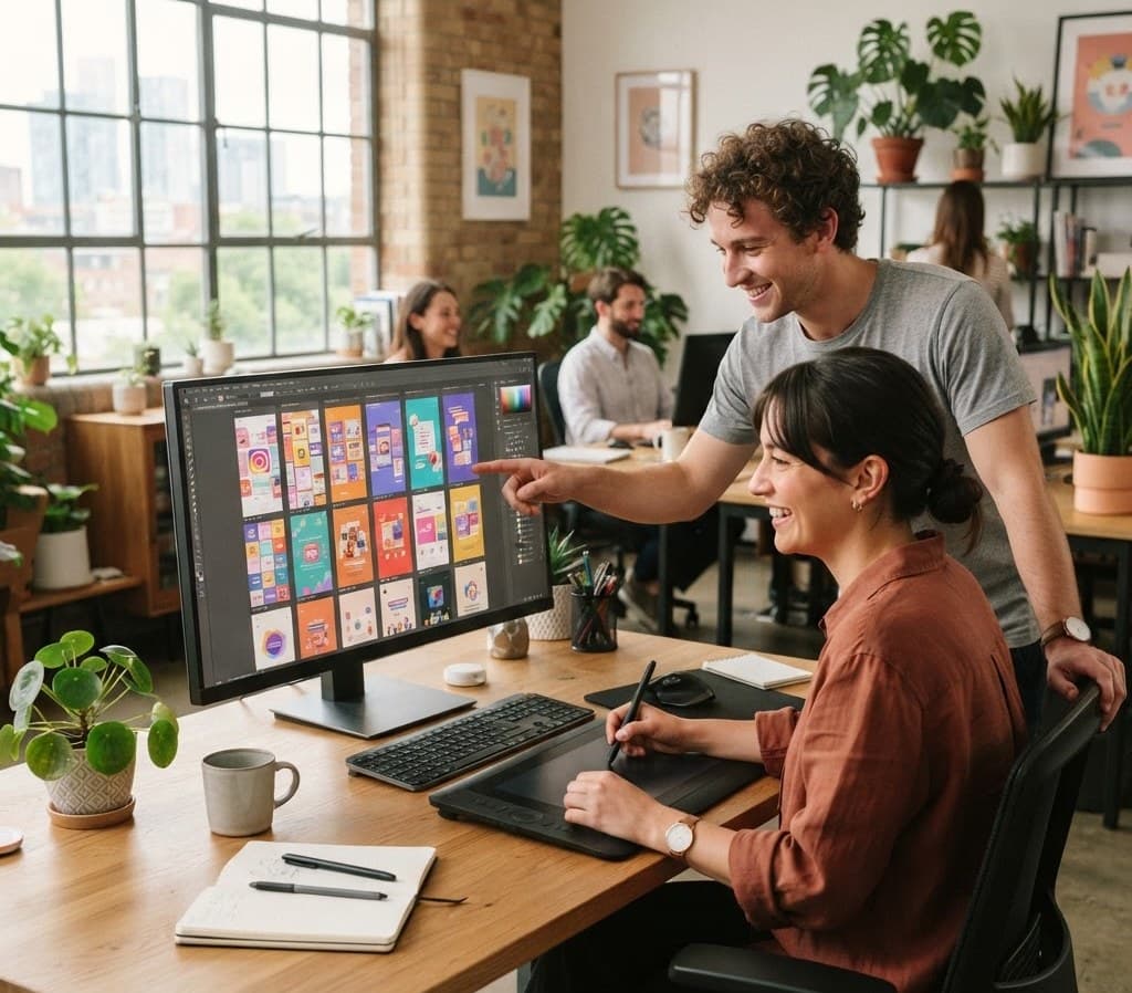 A designer creating social graphics on a drawing tablet beside a monitor of creative layouts