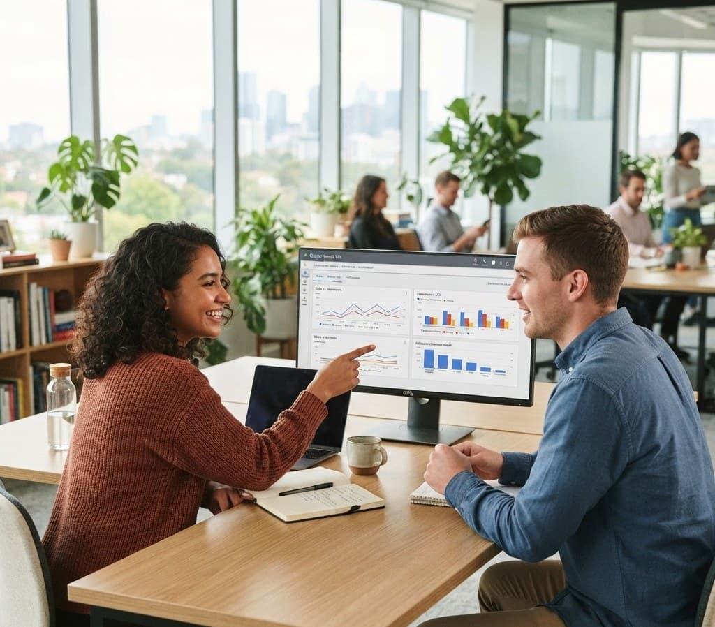 Two marketers reviewing a search advertising performance report on a desktop monitor