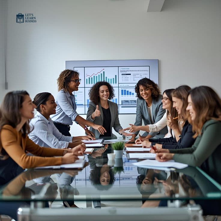 A team meeting around a glass table in front of a screen of growth charts