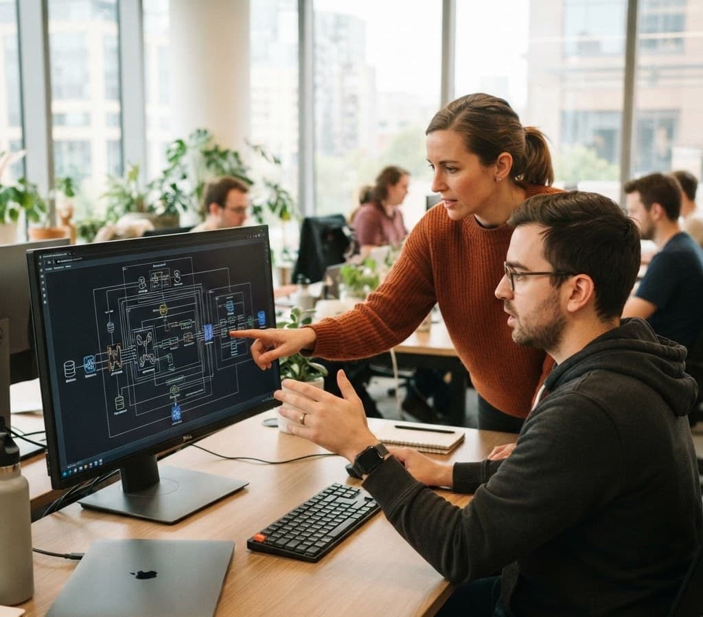 A developer and a colleague reviewing a diagram of connected systems on a large monitor