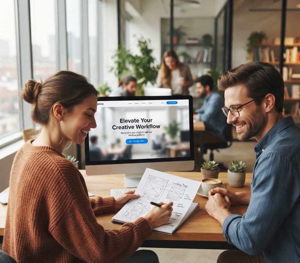 A UX designer sketching a landing page wireframe beside a monitor showing a focused landing page