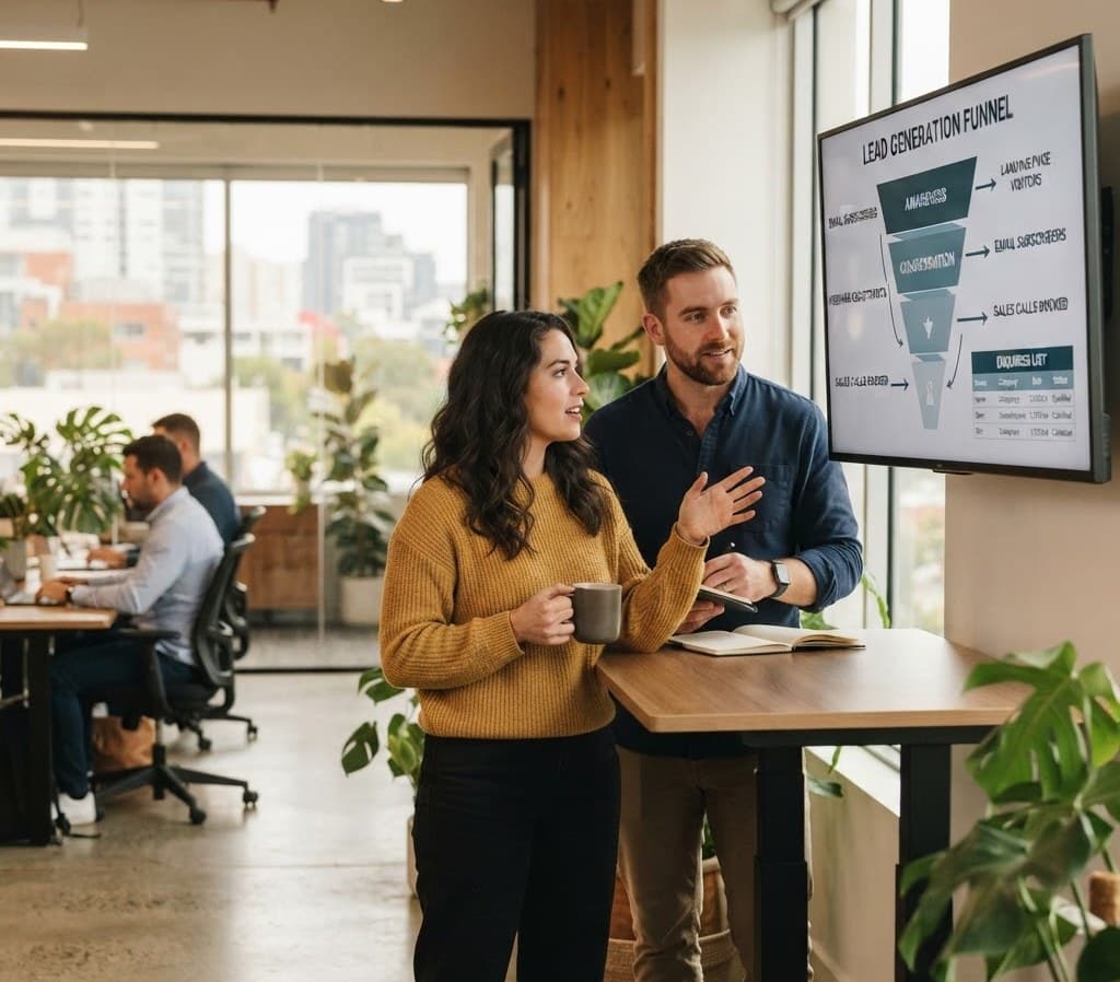 Colleagues discussing a lead generation funnel shown on a wall display