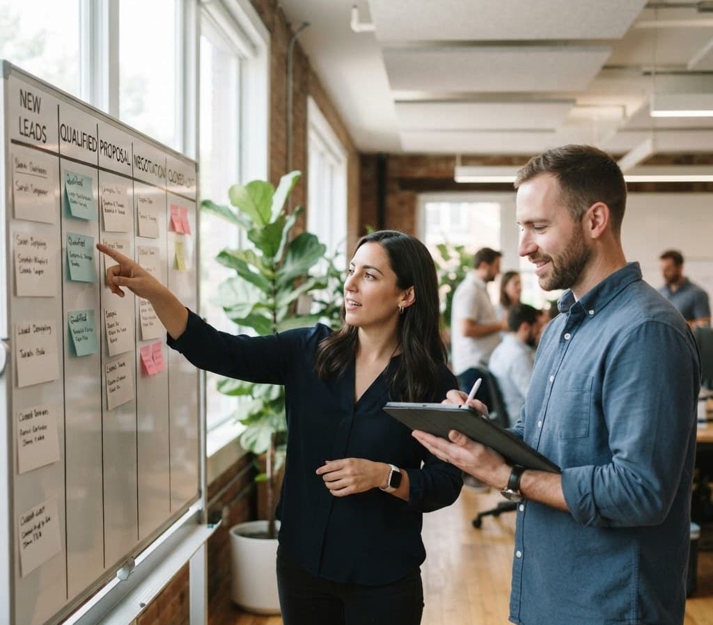 Colleagues reviewing a lead pipeline board with stage columns on a wall display