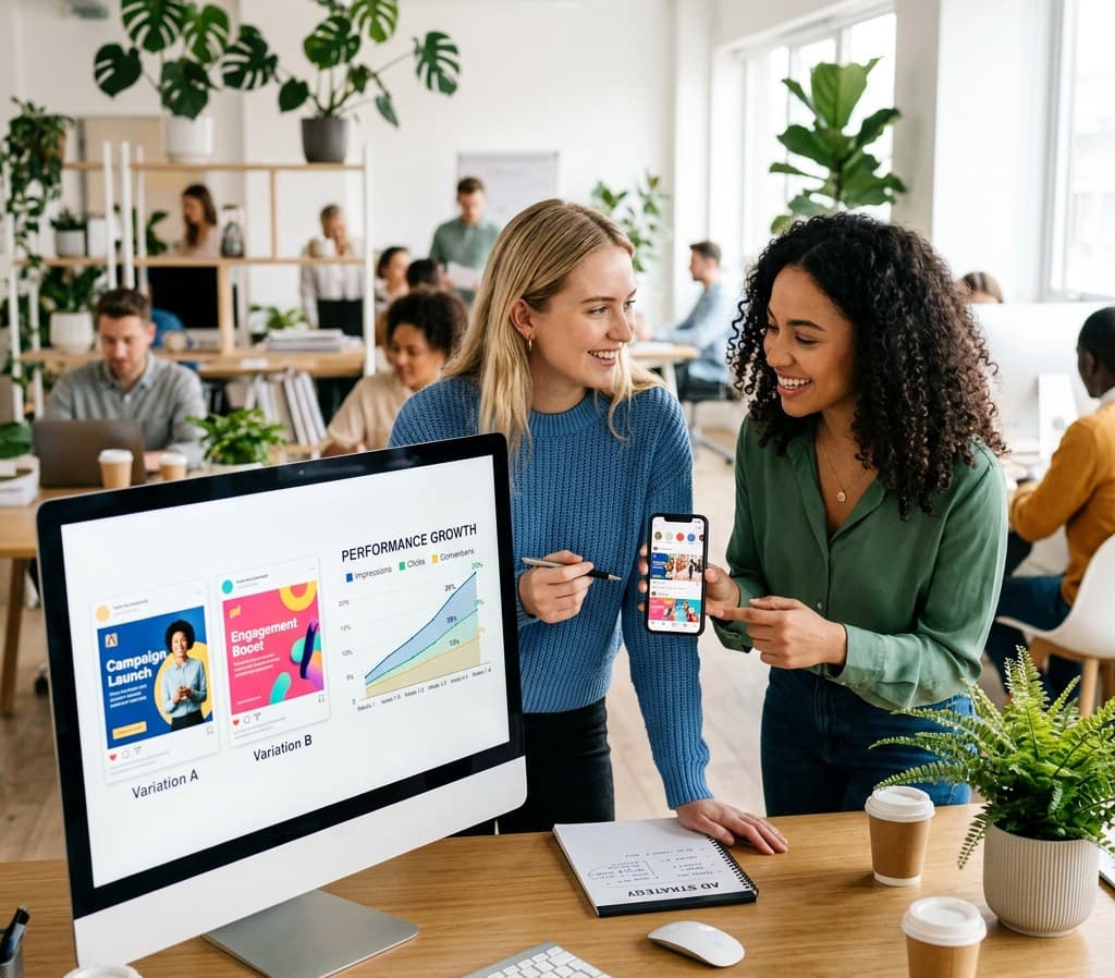Two marketers comparing two ad variations next to a performance growth chart