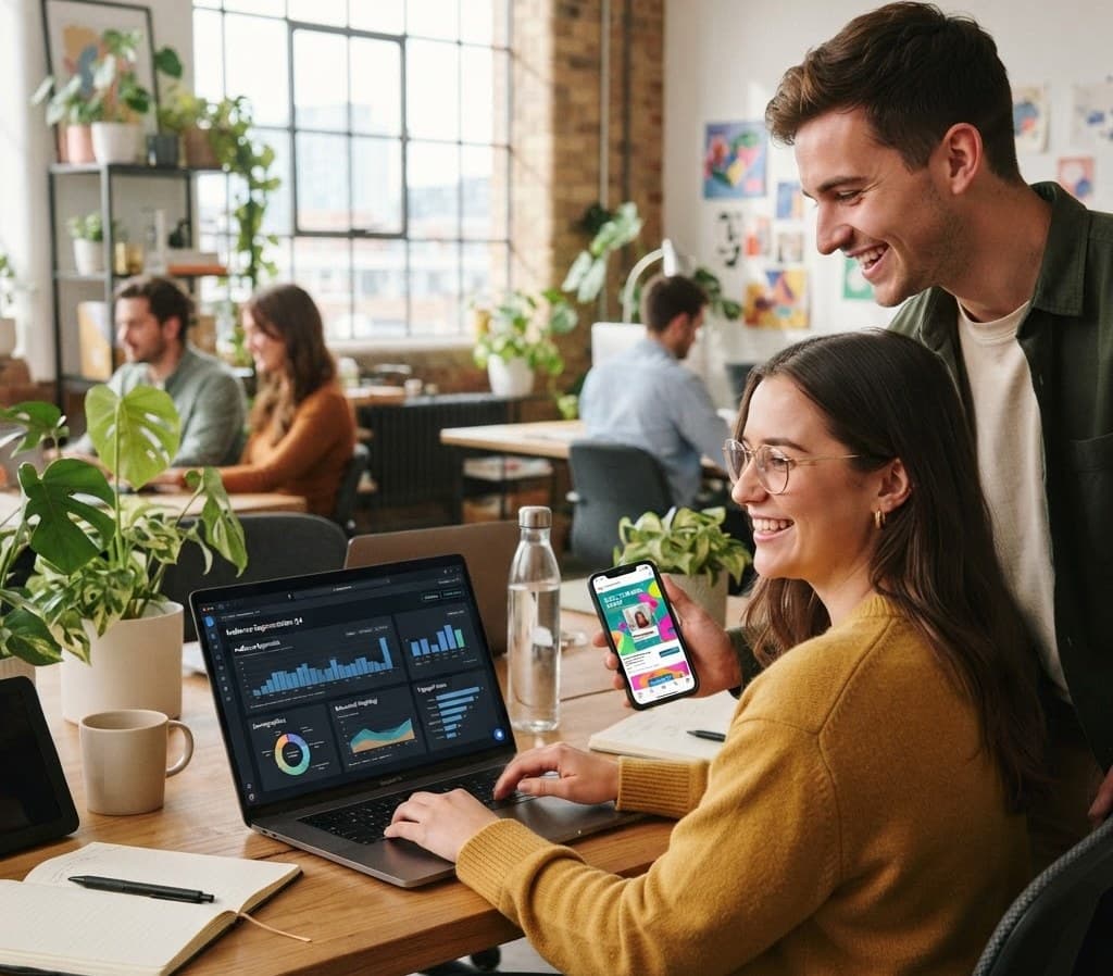A marketer reviewing audience segments on a laptop with a retargeting ad on a smartphone