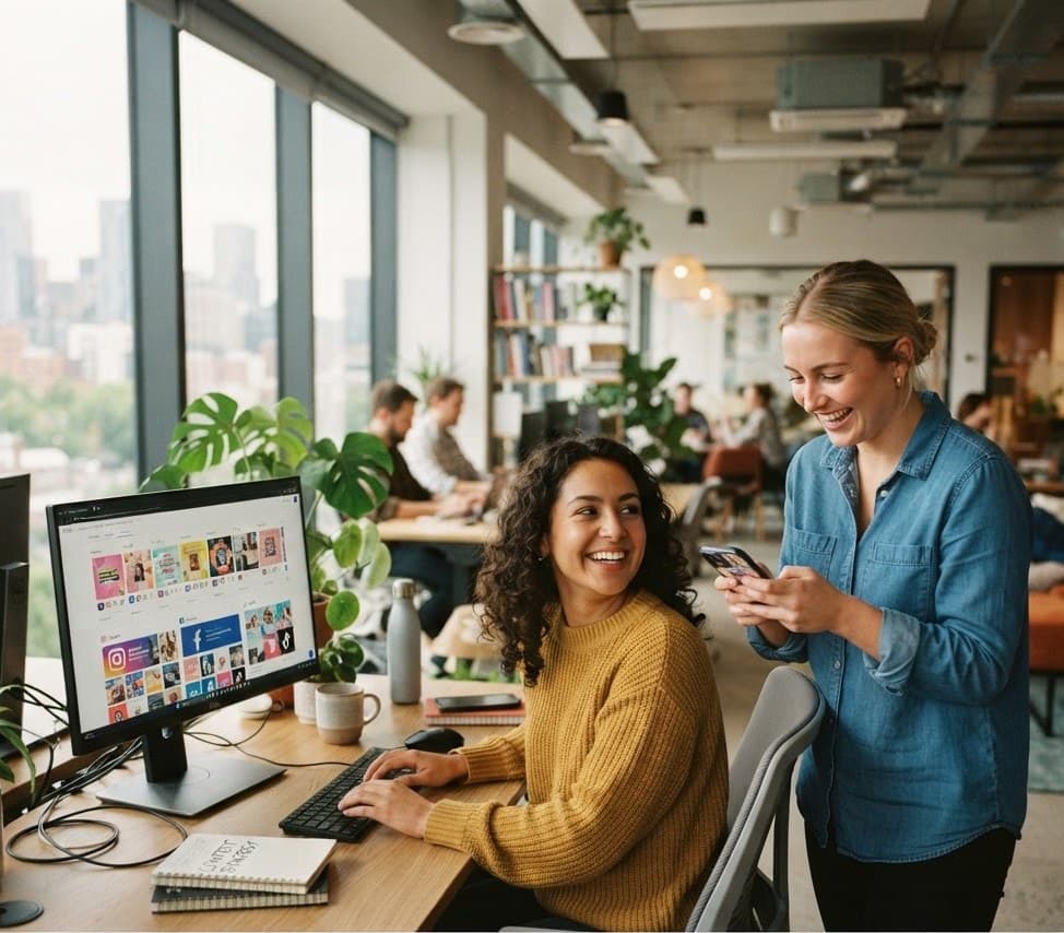 A social media manager planning a content calendar while a colleague scrolls a social feed