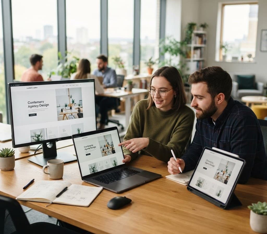 A designer and a developer reviewing a responsive website on a desktop, laptop and tablet