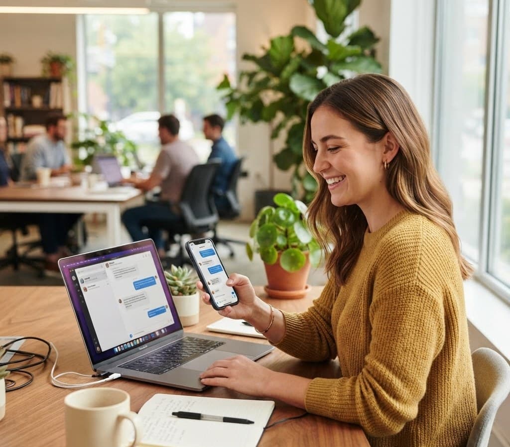 A customer engagement specialist managing chat conversations on a phone and a laptop inbox